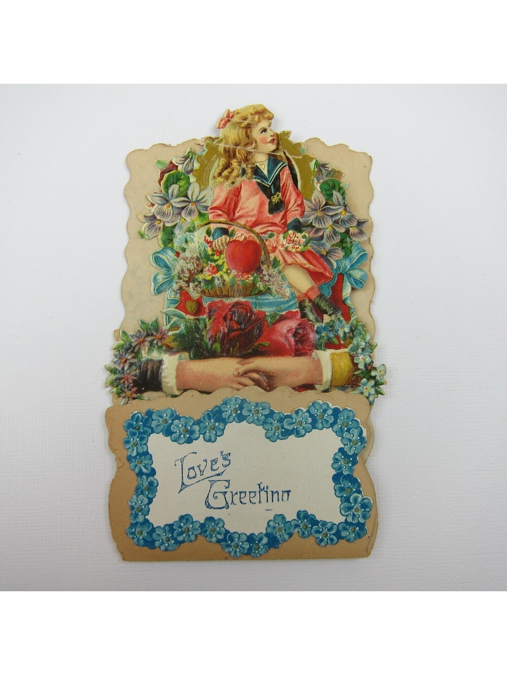 Vintage Valentine Die Cut Stand Up Blonde Girl Pink Sailor Dress Flowers Basket